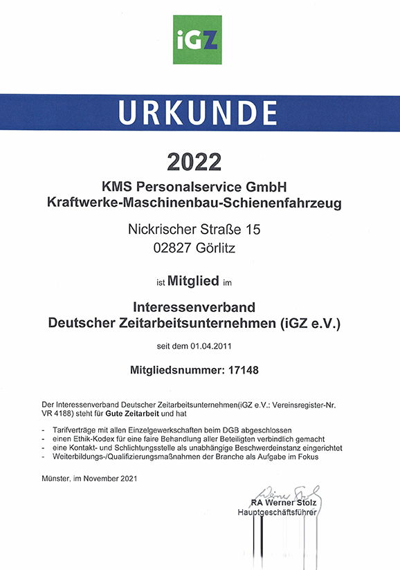 IGZ Mitgliedschaftsurkunde 2022