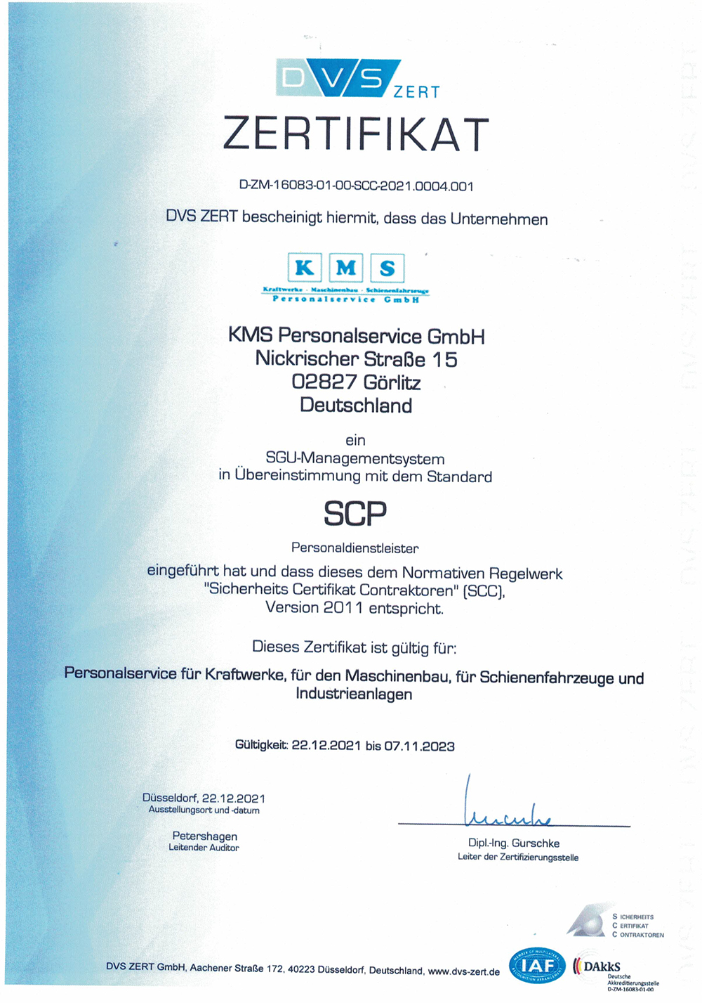 SCP Zertifikat vom 22.12.2021